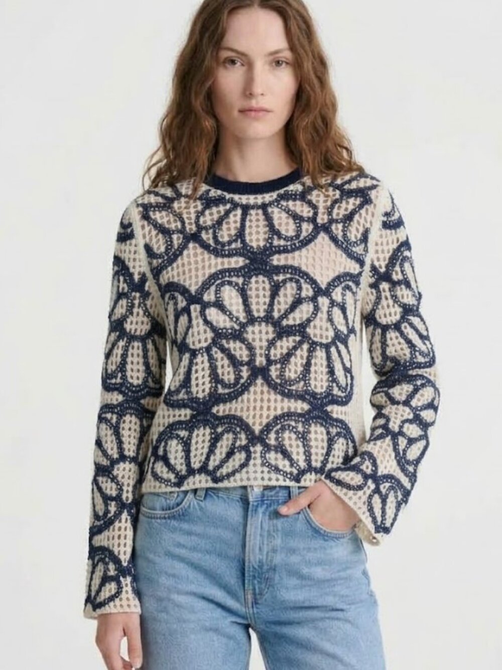Madewell Floral-Embroidered Open-Stitch Sweater XL NWT